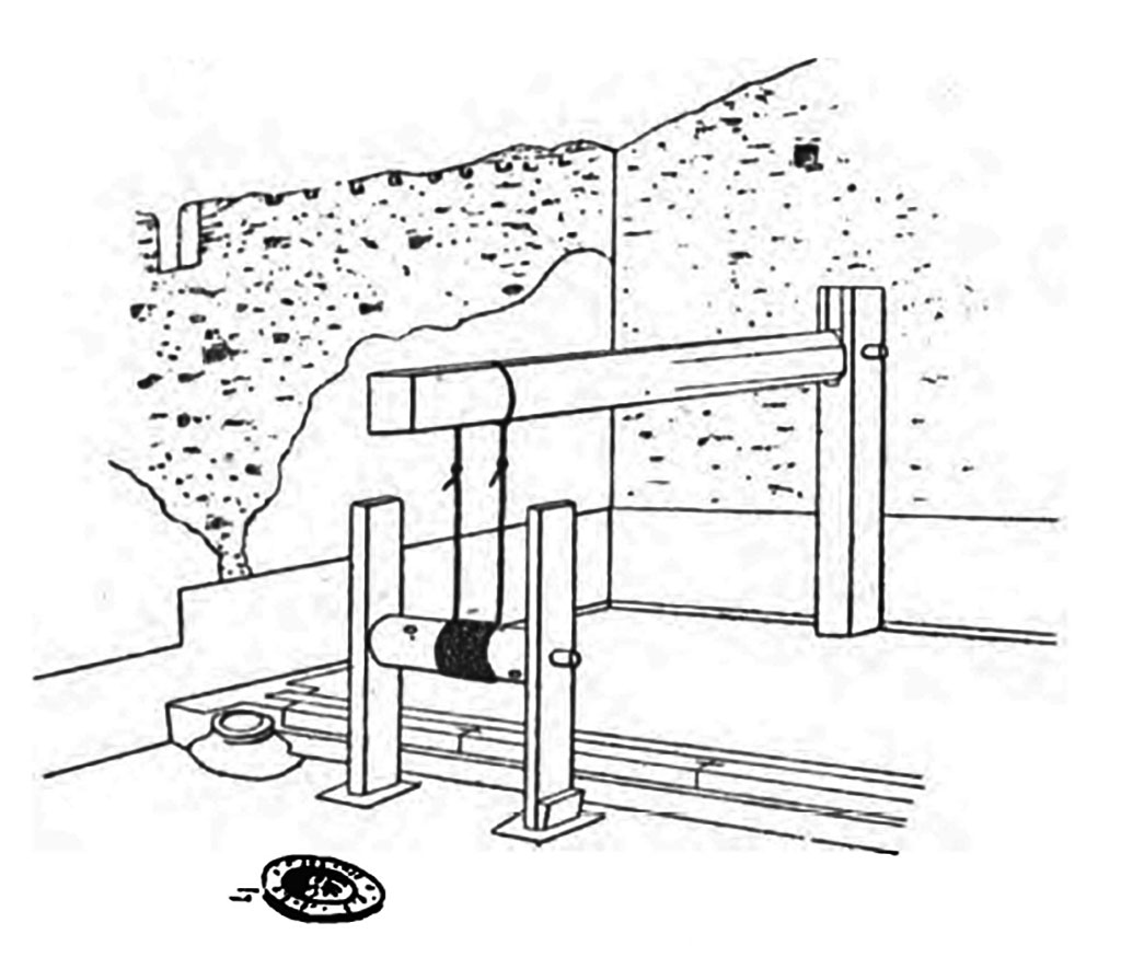 Boscoreale, Villa della Pisanella. 1897. Torcularium. Press.
See Pasqui A., La Villa Pompeiana della Pisanella presso Boscoreale, in Monumenti Antichi VII 1897, fig. 53.
