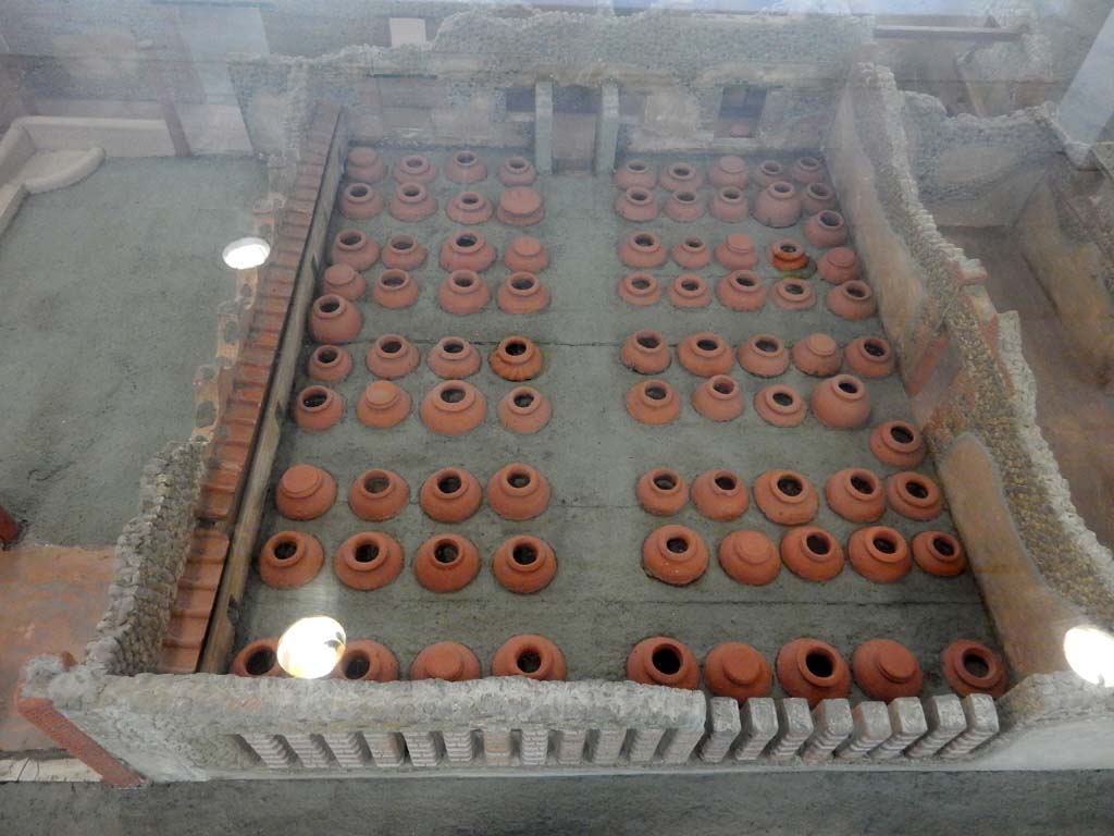 Villa della Pisanella, Boscoreale. May 2018. Cella Vinaria Q which had 84 sunken dolia and built in vents in south wall. 
Peristyle A is to the left and nubilarium V is right. Model in Boscoreale Antiquarium. Photo courtesy of Buzz Ferebee.
