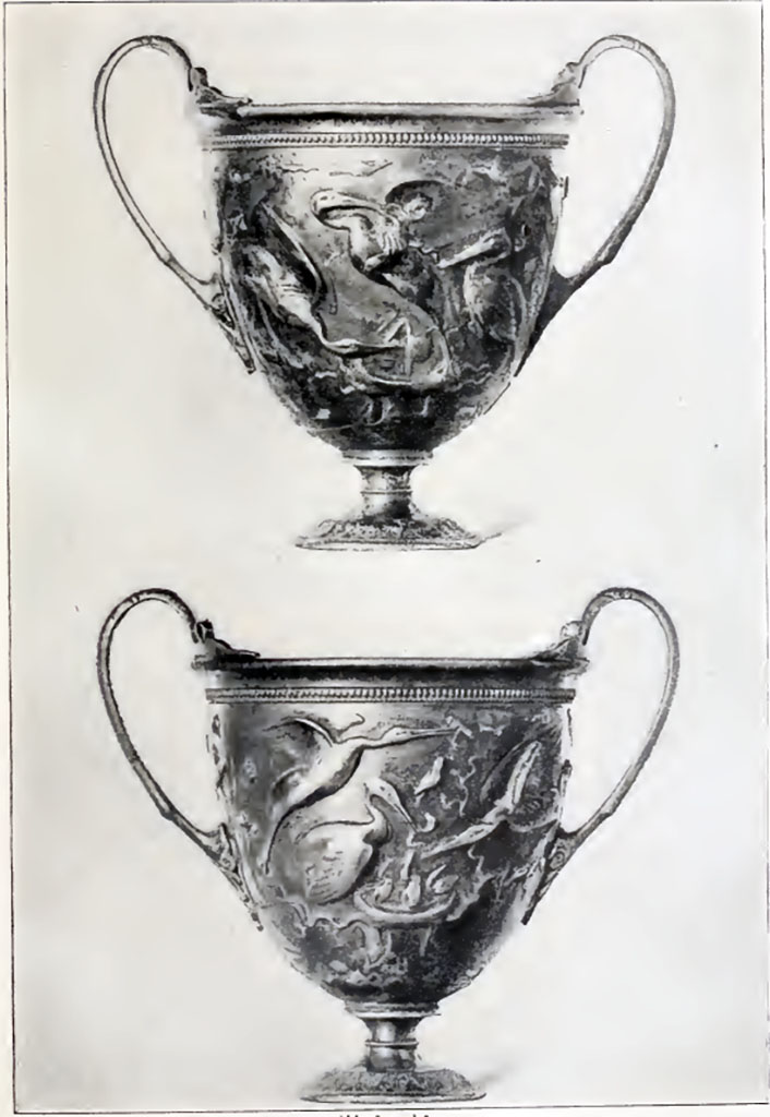 Villa della Pisanella, Boscoreale. Paris, Louvre. Silver cups from the treasure of Boscoreale, 1st cup, sides A and B.
Parigi, Louvre. Boccali dargento dal tesoro di Boscoreale, 1 boccale, lato A e B.
See Casale A. La favola delle cicogne da due boccali d'argento del Tesoro di Boscoreale: Sylva Mala II 1981, p. 5, fig 1-2.
See Robert C., 1919. Archaeologische Hermeneutik; Anleitung zur Deutung klassischer Bildwerke. Berlin. Pp. 98-99, figg. 80-81.
