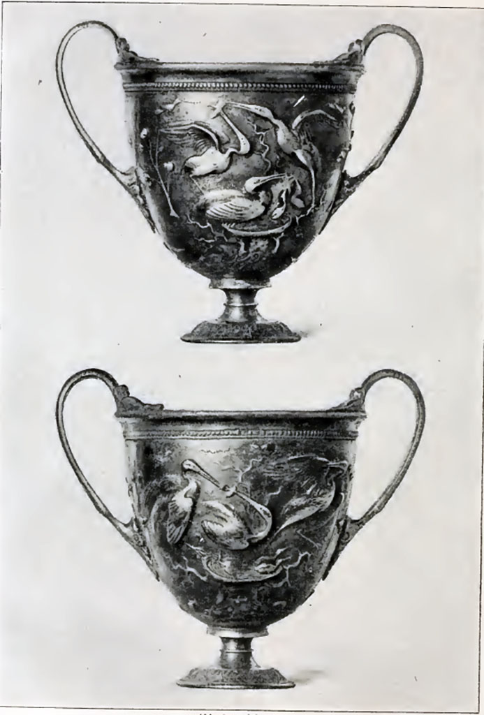 Villa della Pisanella, Boscoreale. Paris, Louvre. Silver cups from the treasure of Boscoreale, 2nd cup, sides A and B.
Parigi, Louvre. Boccali dargento dal tesoro di Boscoreale, 2 boccale, lato A e B.
See Casale A. La favola delle cicogne da due boccali d'argento del Tesoro di Boscoreale: Sylva Mala II 1981, p. 5, fig 3-4.
See Robert C., 1919. Archaeologische Hermeneutik; Anleitung zur Deutung klassischer Bildwerke. Berlin. Pp. 98-99, figg. 82-83.
